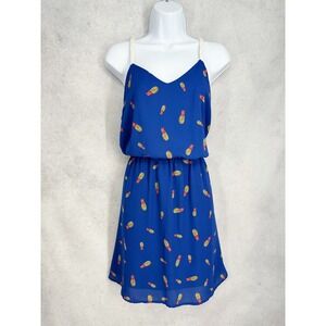 Collective Concepts Blue Pineapple Print Mini Dress Rope Straps Size Small